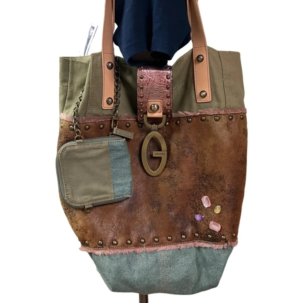Vintage Y2k Guess Patchwork Reversible Tote Boho Fairycore Grunge Brass G Logo